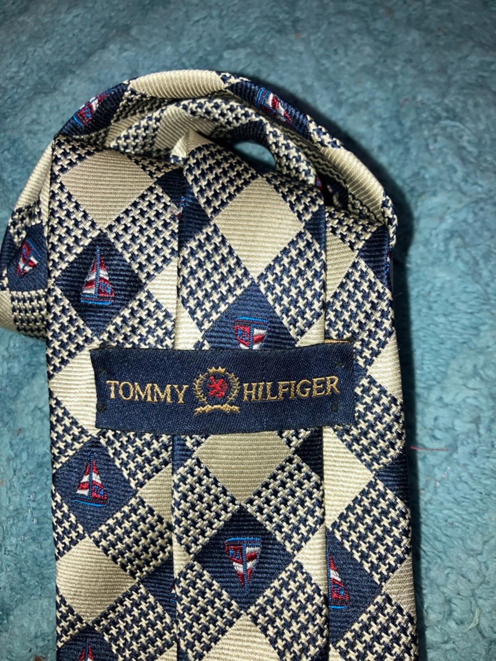 Classic Navy and Cream Checkerboard Sailboat Men's Tie - Picture 3 of 5